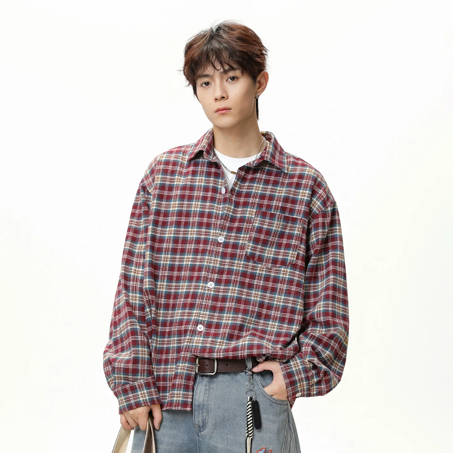 

TFETTERS 2026 Spring Fall Men's Vintage Contrast Plaid Long Sleeve Shirt Turn-down Collar Pocket Oversized Loose Unisex Shirt