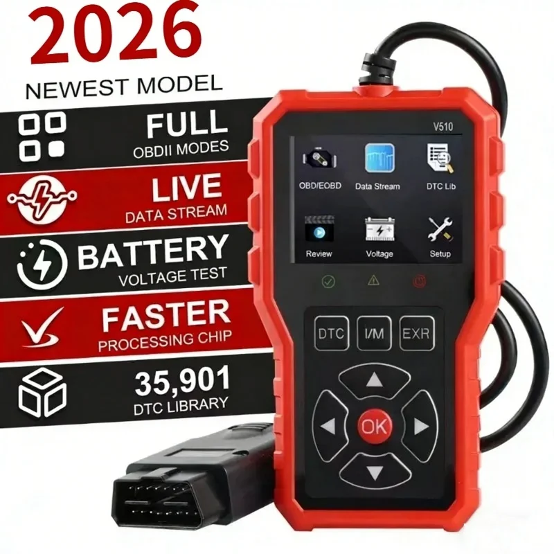 

V510 2026 Новый анализатор неисправностей автомобиля, считывание данных об ошибках двигателя ELM327, напряжение аккумулятора, совместимость с OBD2