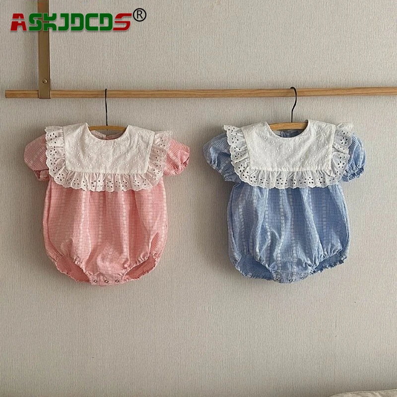 

2024 Jumpsuits Toddler Bodysuits New In Summer Infant Baby Girls Short Sleeve Ruffles Flower Embroidery Outwear Kids Newborn