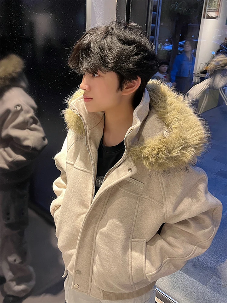 

American Sle ort Thiened Wool Cotton Jaet Men's Winter Warm Coat with Large Fur Collar Couple's Cotton Padded Coat