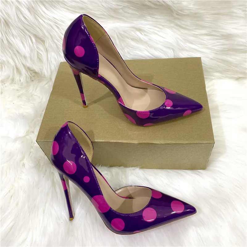 Veowalk Polka Dot Women Purple D\'Orsay Side Cut Pointed Toe Stiletto Pumps Comfortable Elegant 8cm 10cm 12cm High Heel Shoes