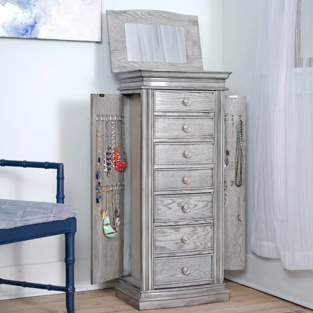 خزانة المجوهرات الدائمة - منظم خشبي كبير بـ 7 أدراج مع مرآة وأبواب جانبية ومضاد للتشويه - HOME #5