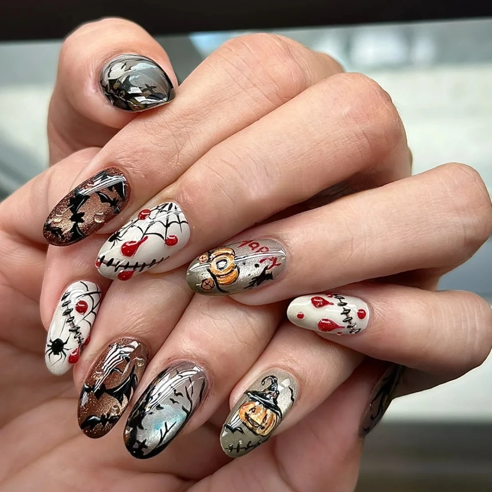 Handmade Press On Nails Halloween Carnival 3D Evil Pumpkin Medium Oval Coffin Square Fake Nails Design Art DIY Nails with Set