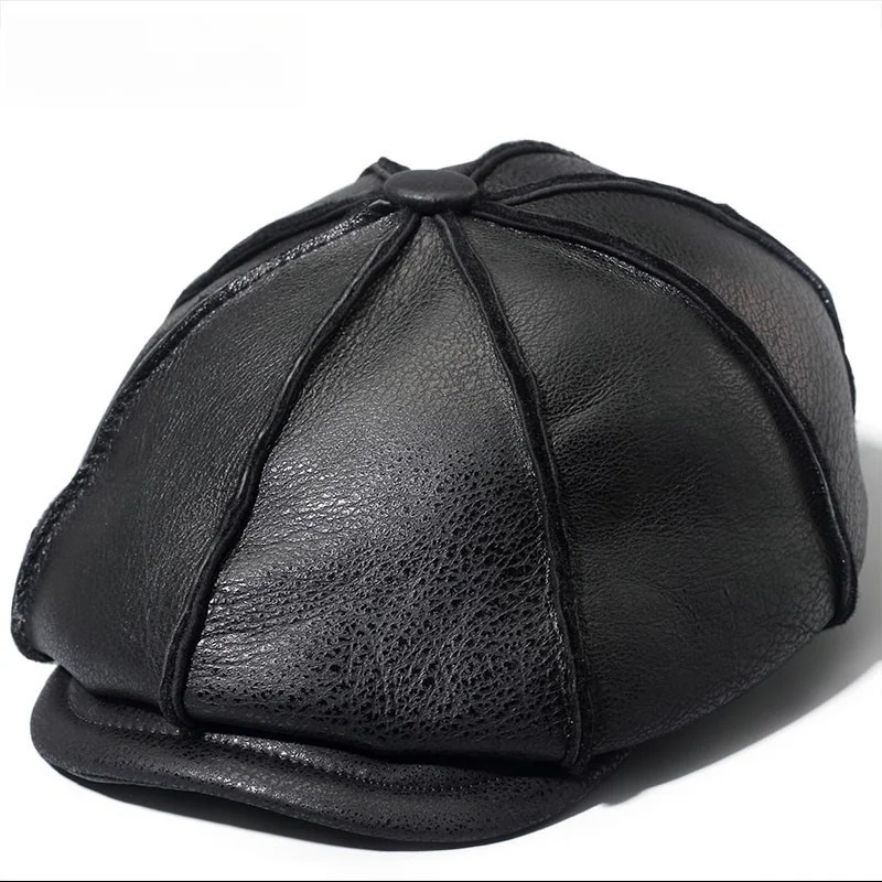 Leather men's octagon warm fashion peaked cap in the old cotton thickened fur one