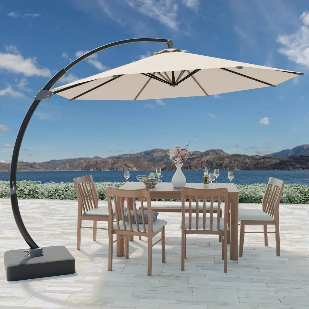 

Outdoor Patio Umbrella with Sand Bag Included, 11 FT Deluxe Curvy Cantilever Umbrella Offset Hanging Umbrella with 360° Rotation