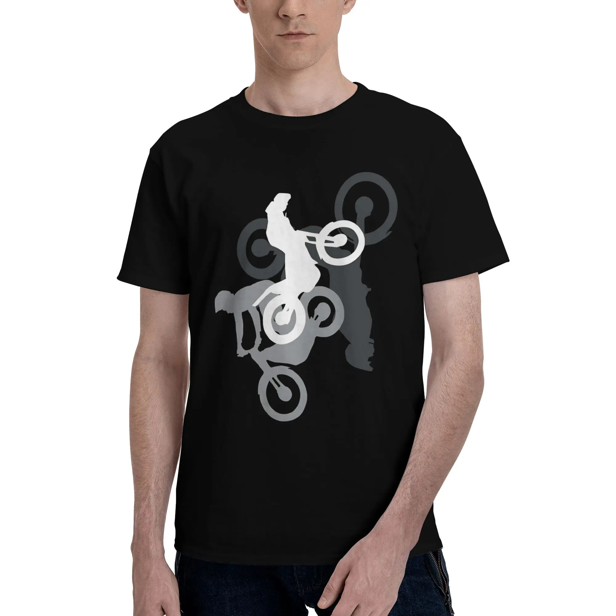 Camiseta con ilustración de siluetas superpuestas, camiseta Trial Moto Humor de manga corta con cuello redondo, ropa para hombre