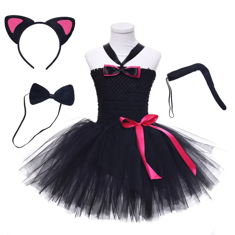 Mädchen Halloween Tier Katze Kostüm Set Weihnachten Kind Geburtstags feier schwarz Mesh Tutu Kleid Maus Cosplay Kostüm