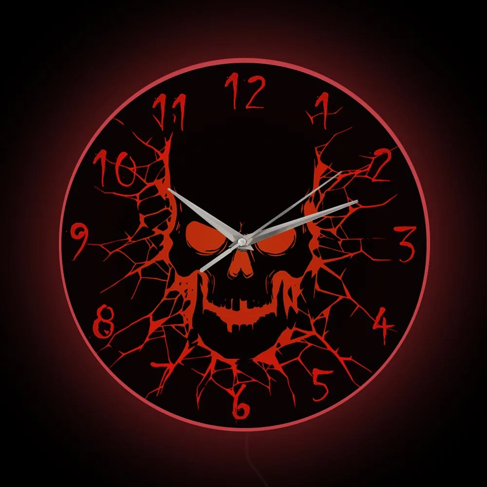 

Black Skull With Crack Hole LED Lighted Wall Clock Halloween Horror Home Decor Skeleton Head Modern Design Neon Light Wall Clock