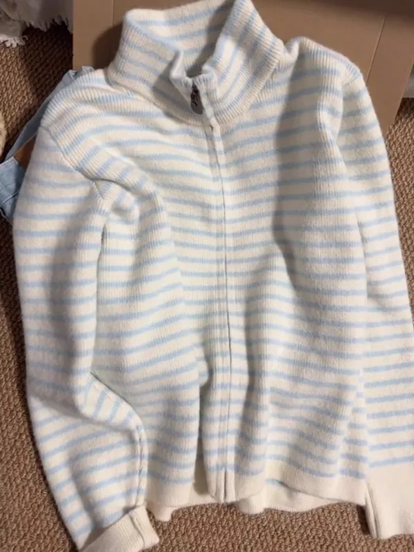 

Корейский дизайнерский свитер с цветными полосками и молнией, длинный рукав, женский, весенний, приталенный, универсальный, с воротником-стойкой