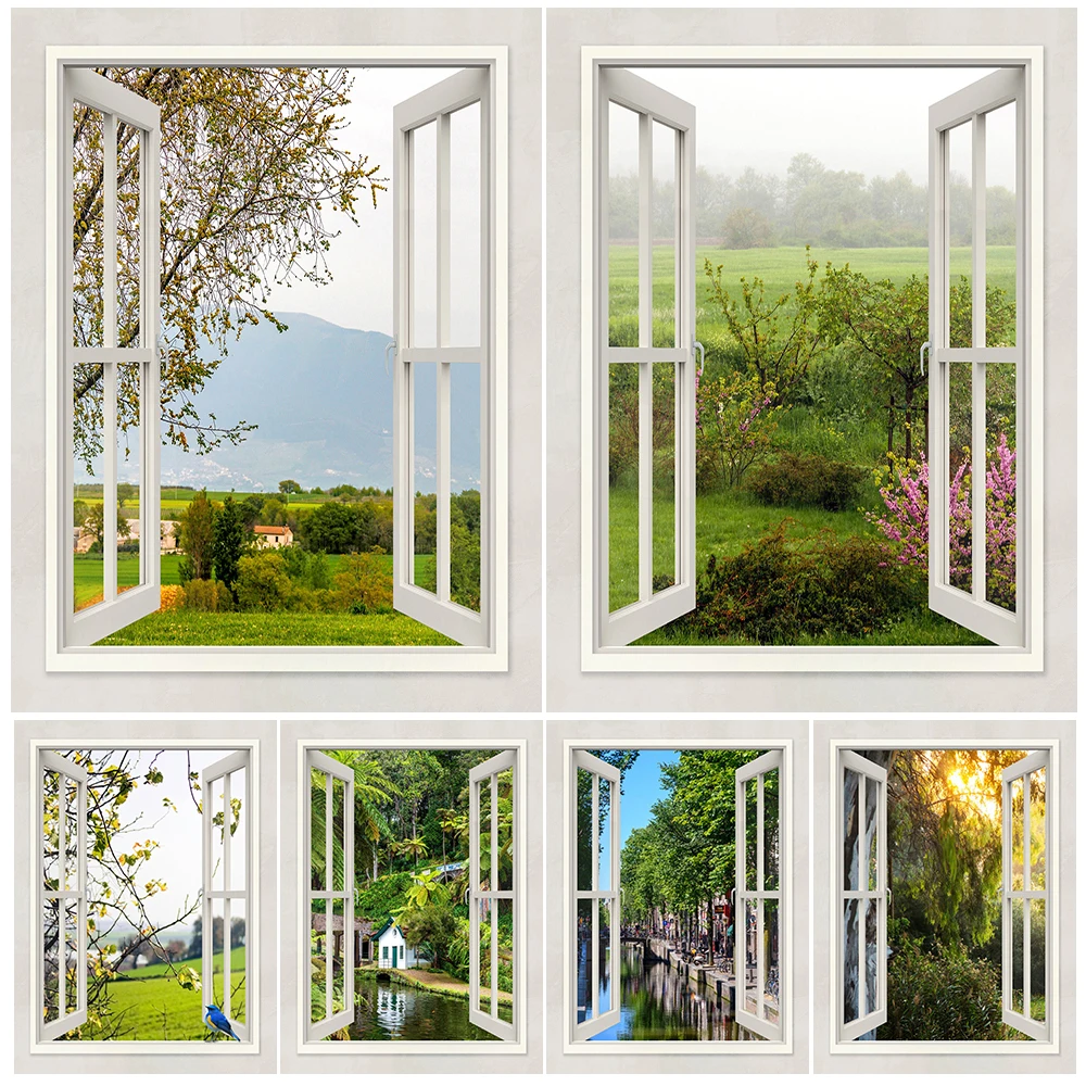 

Window Landscape Scenery Forest Tree Poster Wall Art Canvas Painting Home Decor Posters Wall Pictures For Living Room Unframed