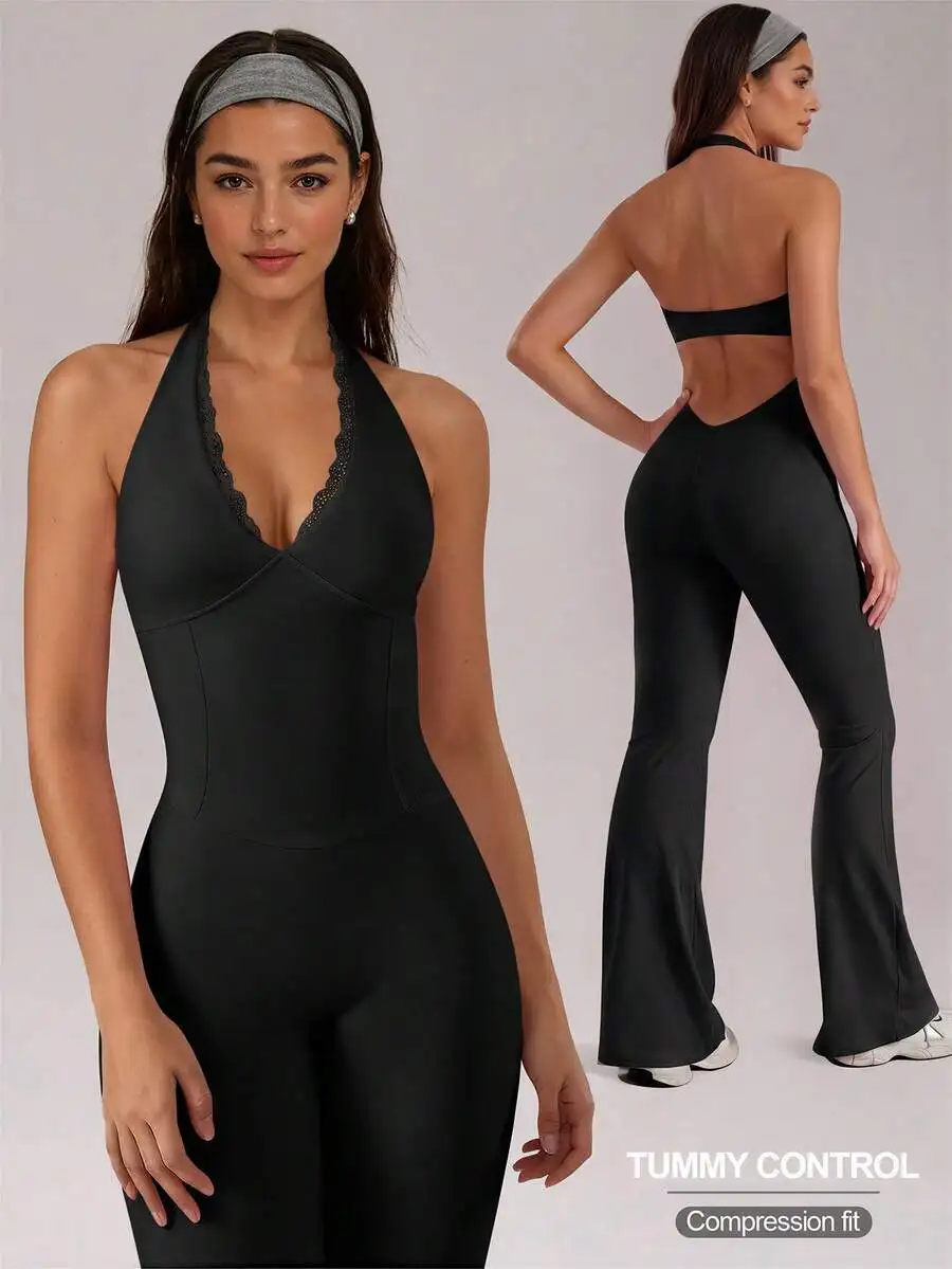 

Womens Halter Neck Yoga Jumpsuit Lace V Neck Backless Sleeveless Tummy Control High Stretch Workout One Piece