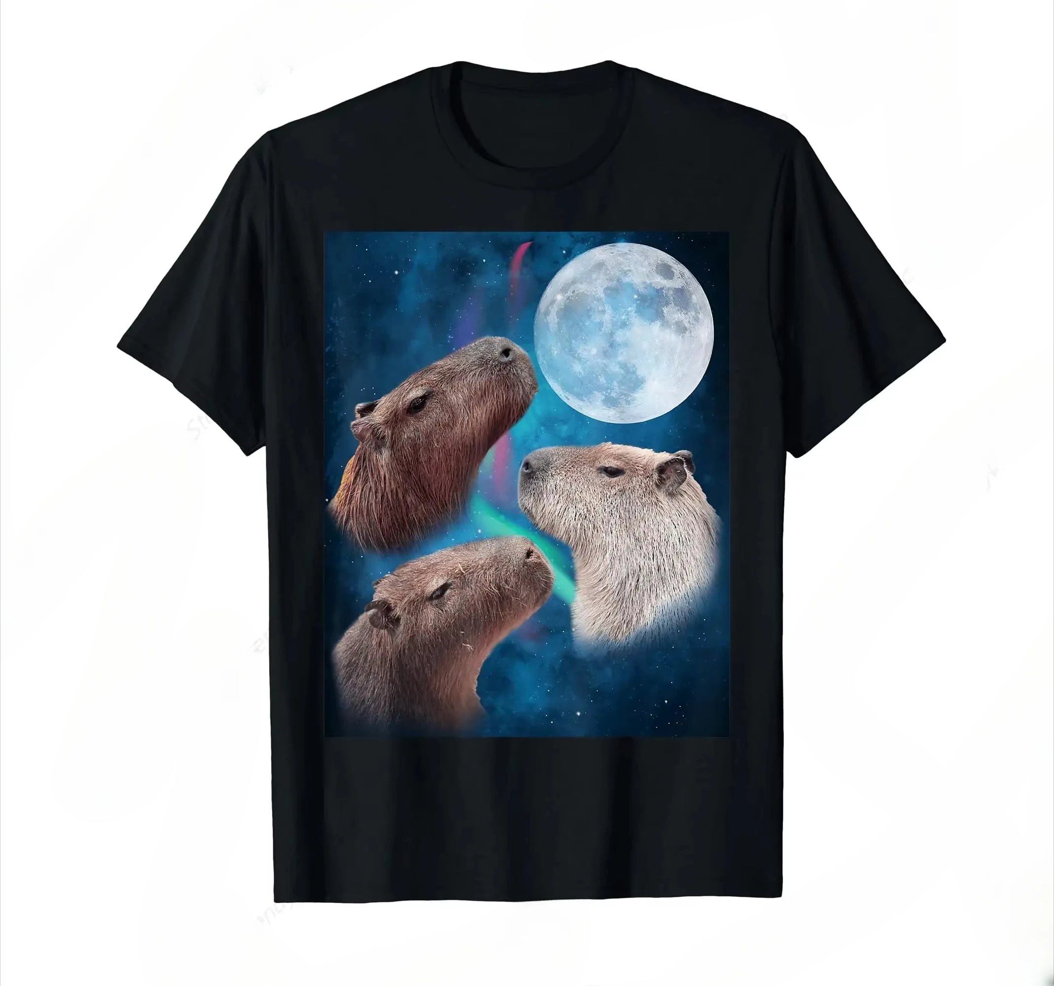 Three Capybaras Moon and Nighttime Sky T-Shirt for Men Cotton 100% Summer Tops