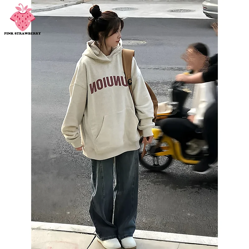 Felpe con cappuccio con stampa di lettere in stile coreano Donna Uomo Autunno Inverno 2025 Nuovo pullover ampio bianco Y2K Top Felpa calda Donna