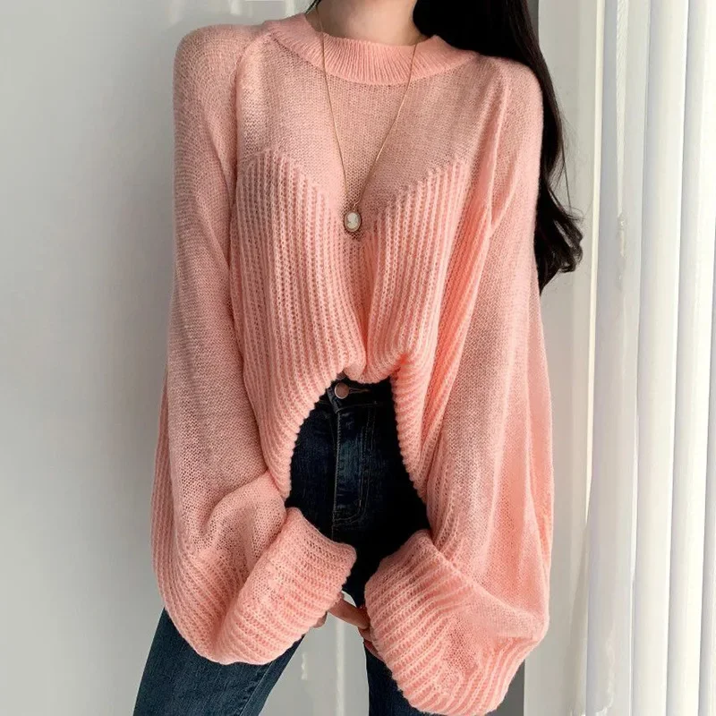 Autumn and Winter New Elegant Loose Thin Lantern Sleeve Sweater Fairy Soft Pullover Female Kawaii Sweater Sexy Perspective Pink
