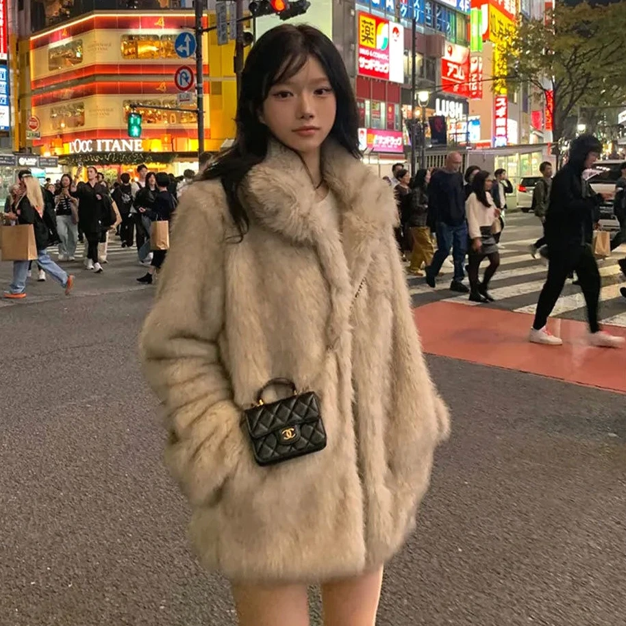 

Women Faux Fur Coats Thick Warm Jackets Turn Down Collar Coat Y2k Streetwear Jacket Elegant Work Outerwear Autumn Winter 2025