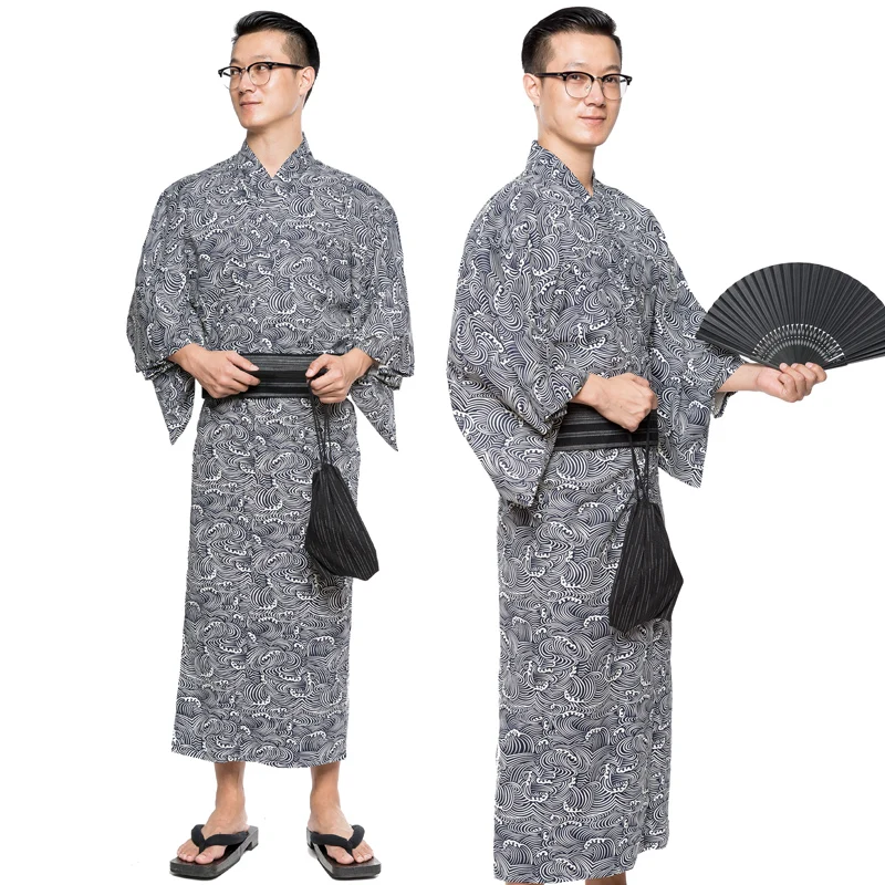 Traditional Japanese KIMONO Fashion YUKATA Summer Men Long Robes With Belt  95% Cotton Pajamas Set  Male Sleepwear Bathrobe