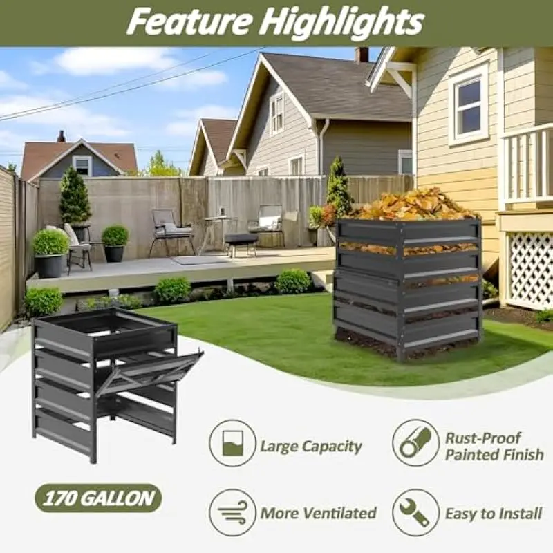 Outdoor Compost Bin 170-Gallon Rectangular Metal Unit with Rust-Resistant Finish Four-Sided Aeration Vents Bottom Harvest Door E