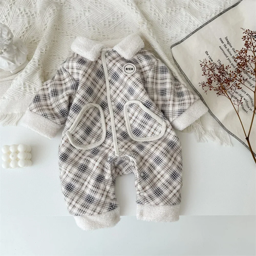 2024 Winter New in Kids Baby Boys Thicken Diamond Plaid Warm Outfits Jumpsuits , Toddler Infant Fashion Clothing Romper 0-24M