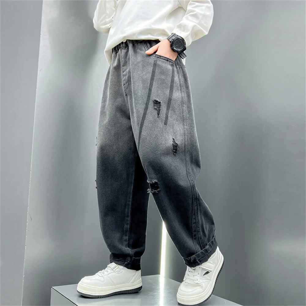 

Korean Version Of Boys Street Dance Jeans Wide Leg Pants Children's Broken Hole Gradient Jeans Kid Jeans Straight Leg Pants