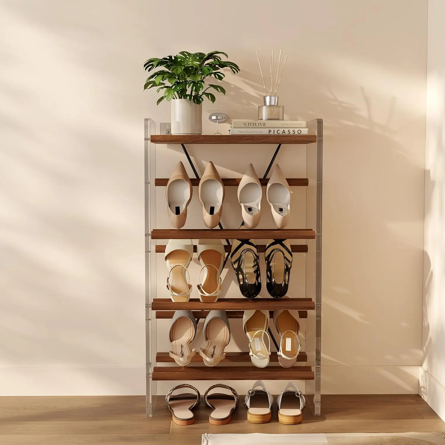 Free Standing Solid Wood 4-Tier Slanted Shoe Rack Home Furniture Pair Capacity Small Spaces Living Room Entryway Garage