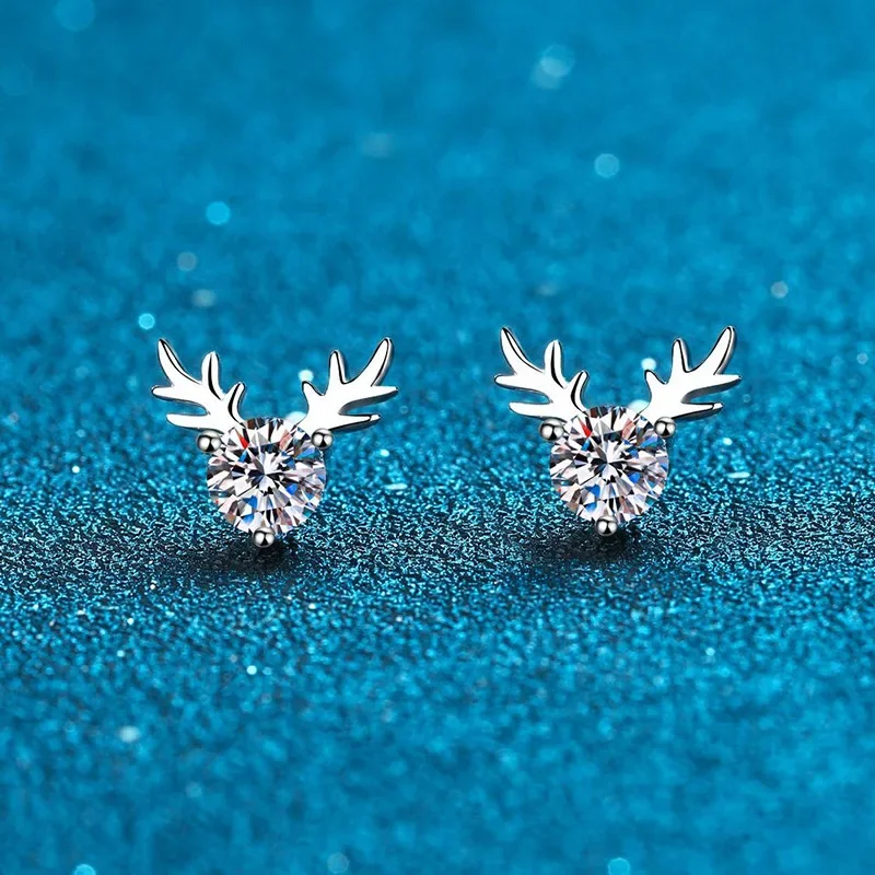 925 Sterling Silver Antler Earrings 1CT Moissanite Stud Earrings Round Diamond Cute Elk Stud Earrings for Women Christmas Gifts