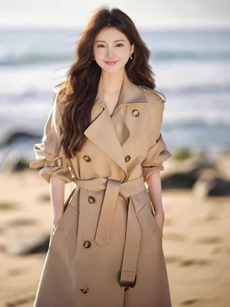 

Женское длинное пальто цвета хаки в корейском стиле, средней длины, премиум-качества, осенне-зимнее, модное, элегантное, в британском стиле, верхняя одежда