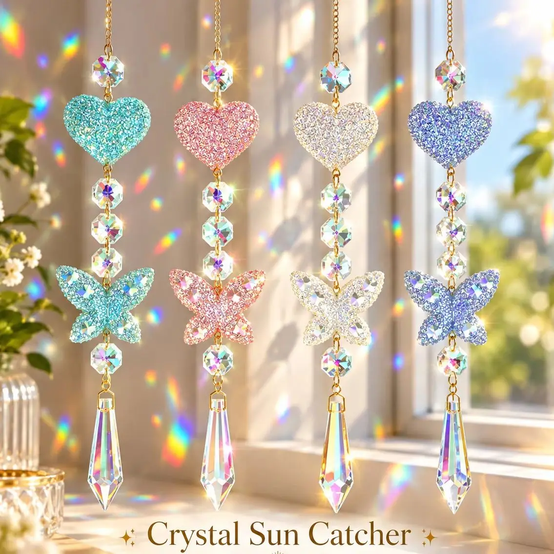 Heart & Butterfly Crystal Suncatcher, Rainbow Light Prism Hanging Ornament, Rhinestone Tassel Pendant for Window Home Decoration