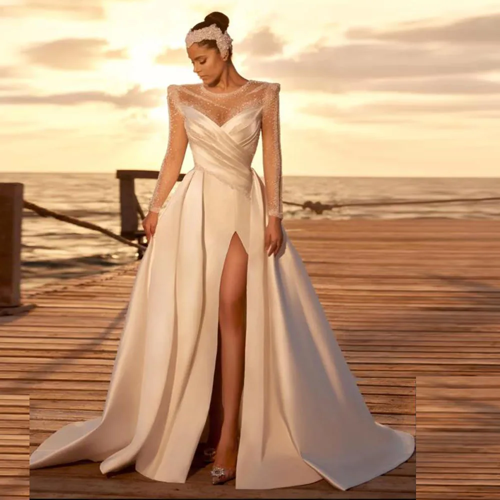 Атласные свадебные платья русалки по индивидуальному заказу с разрезом, иллюзией и бисером, свадебные платья 2023, с круглым вырезом и длинными рукавами, Vestidos De Novia