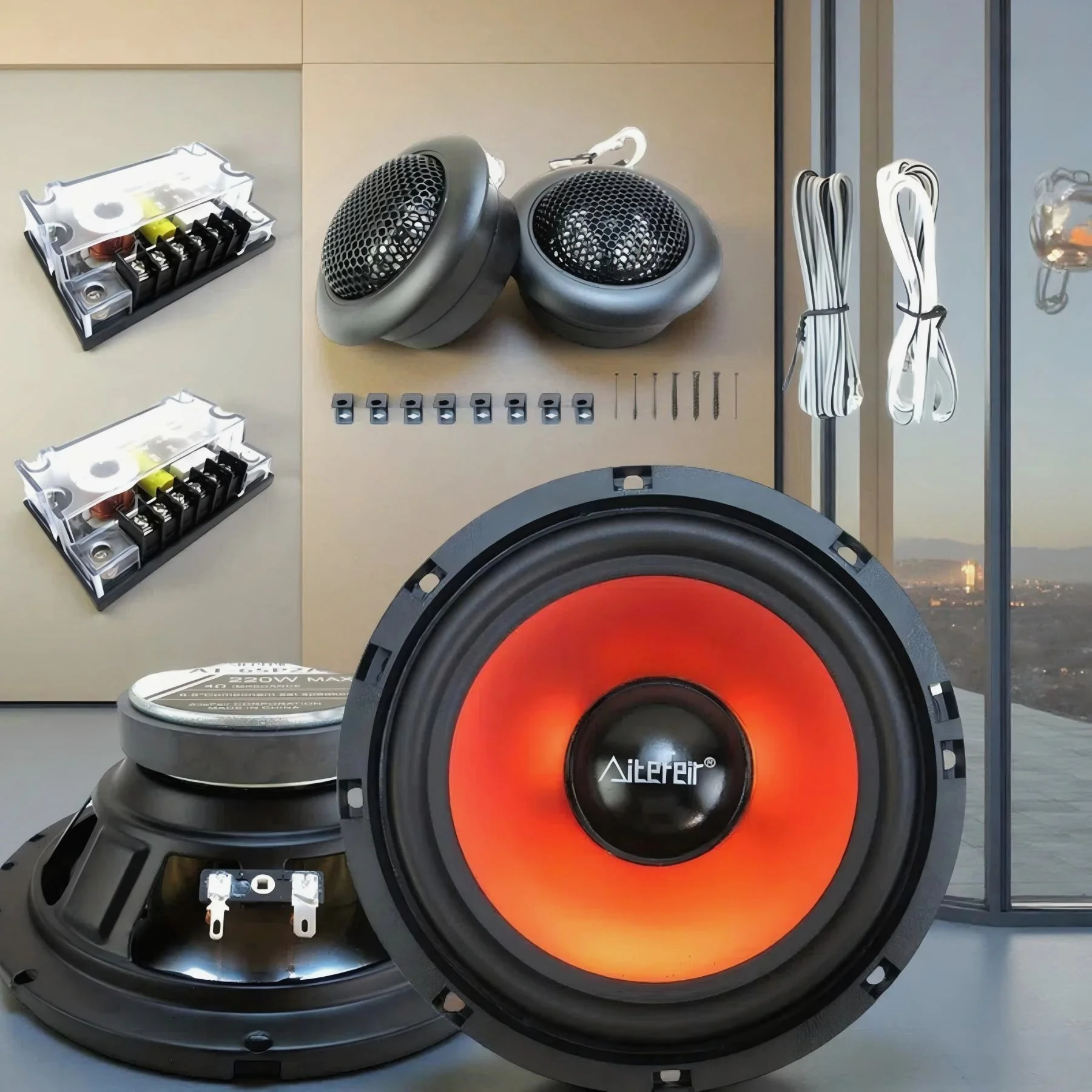 2 Altavoces de 2 Vías para Auto de 6.5 Pulgadas, Incluye 2 Woofers, 2 Tweeters, 2 Crossovers, Cables y Tornillos, 220W Máx.