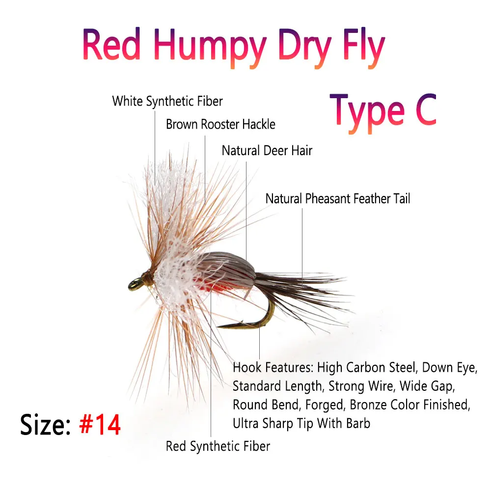 Bimoo 8pcs #14  Barbed Parachute Adams Dry Fly Adams Irresistible Dry Fly Red Humpy Dry Fly Floating Trout Fishing Lures Bait