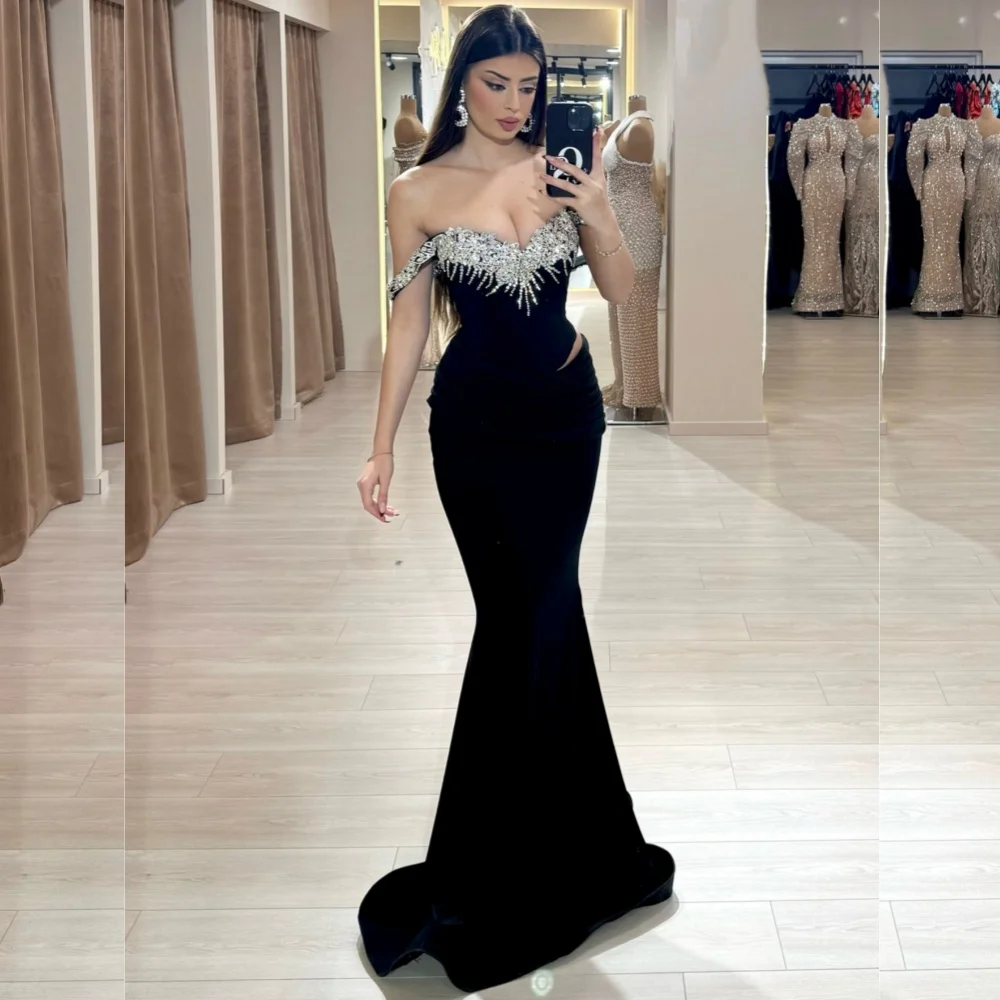 Abiti lunghi personalizzati con paillettes in jersey di alta qualità con pieghe a tromba e spalle scoperte Occasioni su misura Sparkle