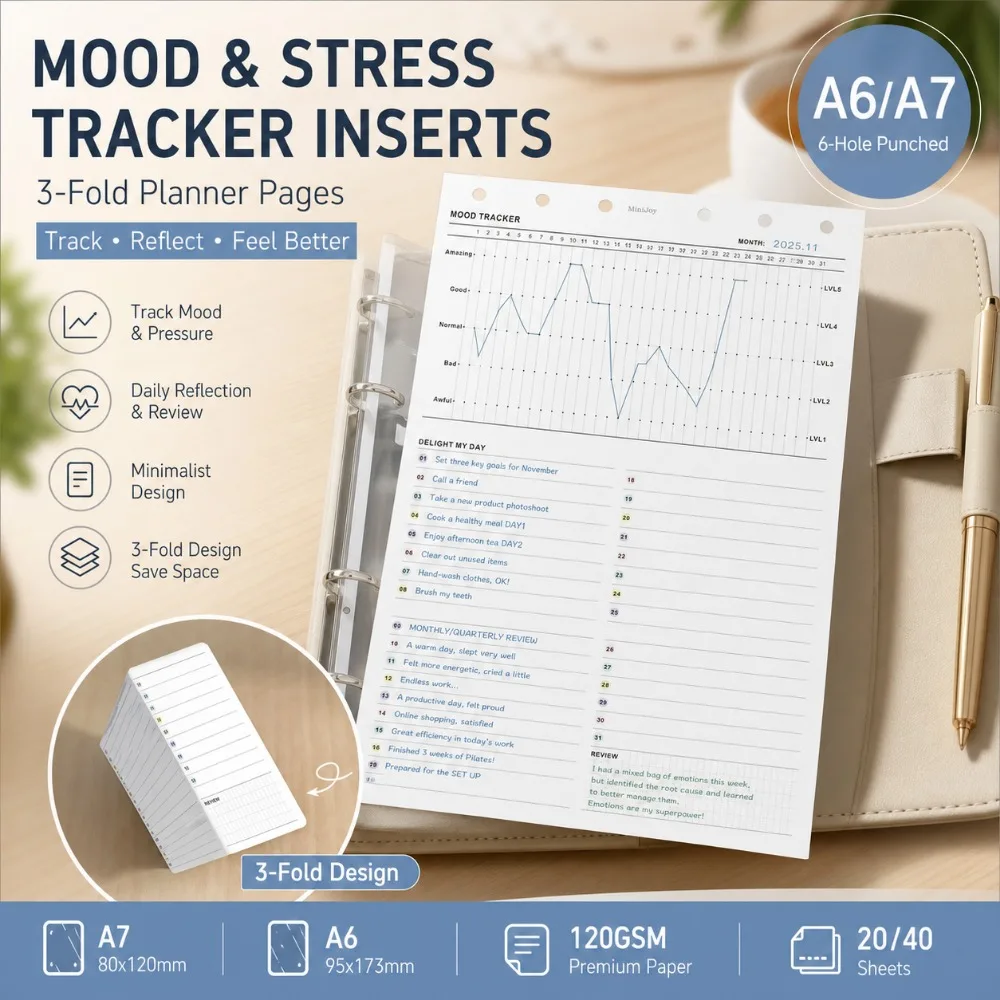 

Fromthenon Minimalist Loose-Leaf Refill Paper - Foldable Three-Page Mood & Stress Tracker A6/A7 Binder Inserts for Journaling
