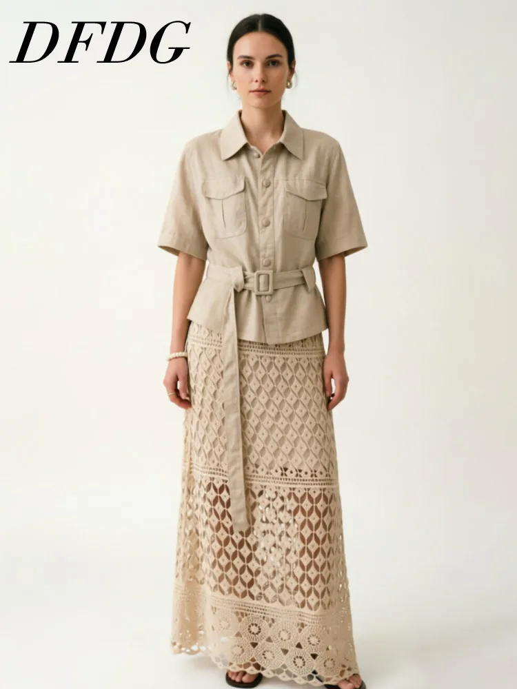 

DFDG Women 2026 Summer Linen Two Piece Set Short Sleeve Belted Shirt High Waist Crochet Lace Maxi Skirt Set Casual Vacation Set