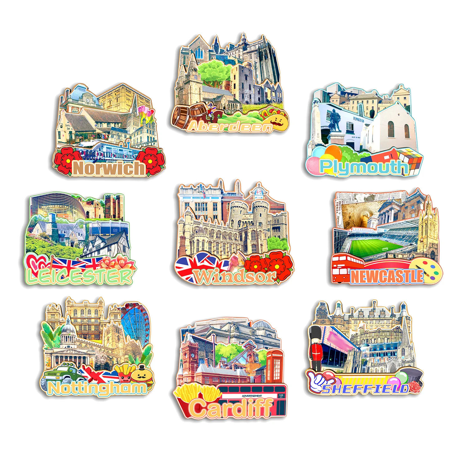 Windsor Sheffield Cardiff Nottingham Newcastle Leicester Plymouth Norwich AberdeenUK Fridge Magnet Travel Souvenir Gift