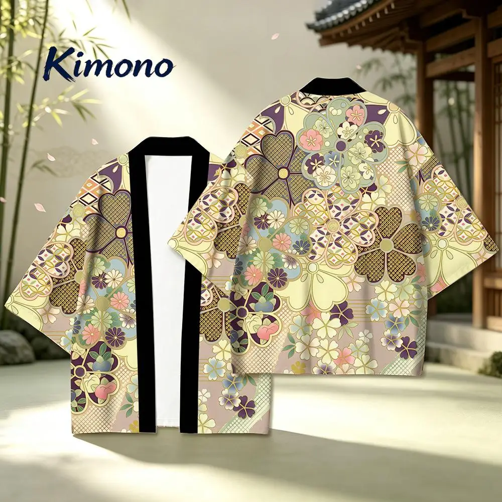 Japanese Style Kimono Cardigan Floral Geometric Print Unisex Summer Casual Beach Yukata Vintage Harajuku Traditional Haori Tops