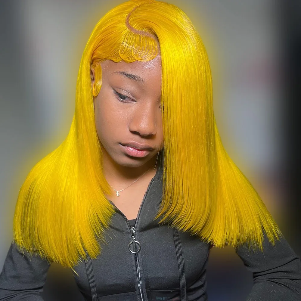 Peluca con malla Frontal recta de Color amarillo 13x4 HD, pelucas de cabello humano brasileño de color azul para mujeres, pelucas frontales de encaje prearrancado Remy