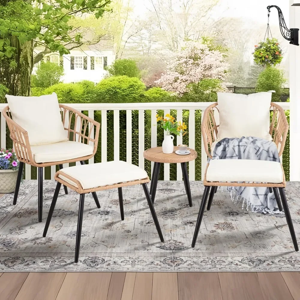 

5 Piece Patio Bistro Set with Ottoman, Outdoor Wicker Apartment Balcony Furniture Sets, Rattan Table and Chairs Set of 2