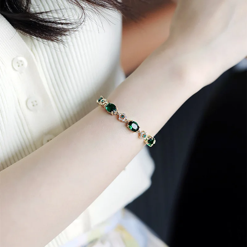 Temperament Green Zircon Chain Bracelet for Women Girl Fashion Shine Crystal Wrist Jewelry Geometric Wedding Party Birthday Gift