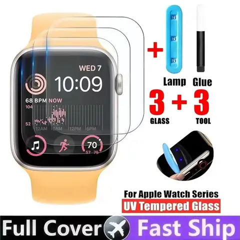 Apple Watch 용 UV 접착제 강화 유리 10 9 8 7 SE 화면 보호기 IWatch 시리즈 45MM 46MM 44MM 46 44 45 41 MM 보호 필름