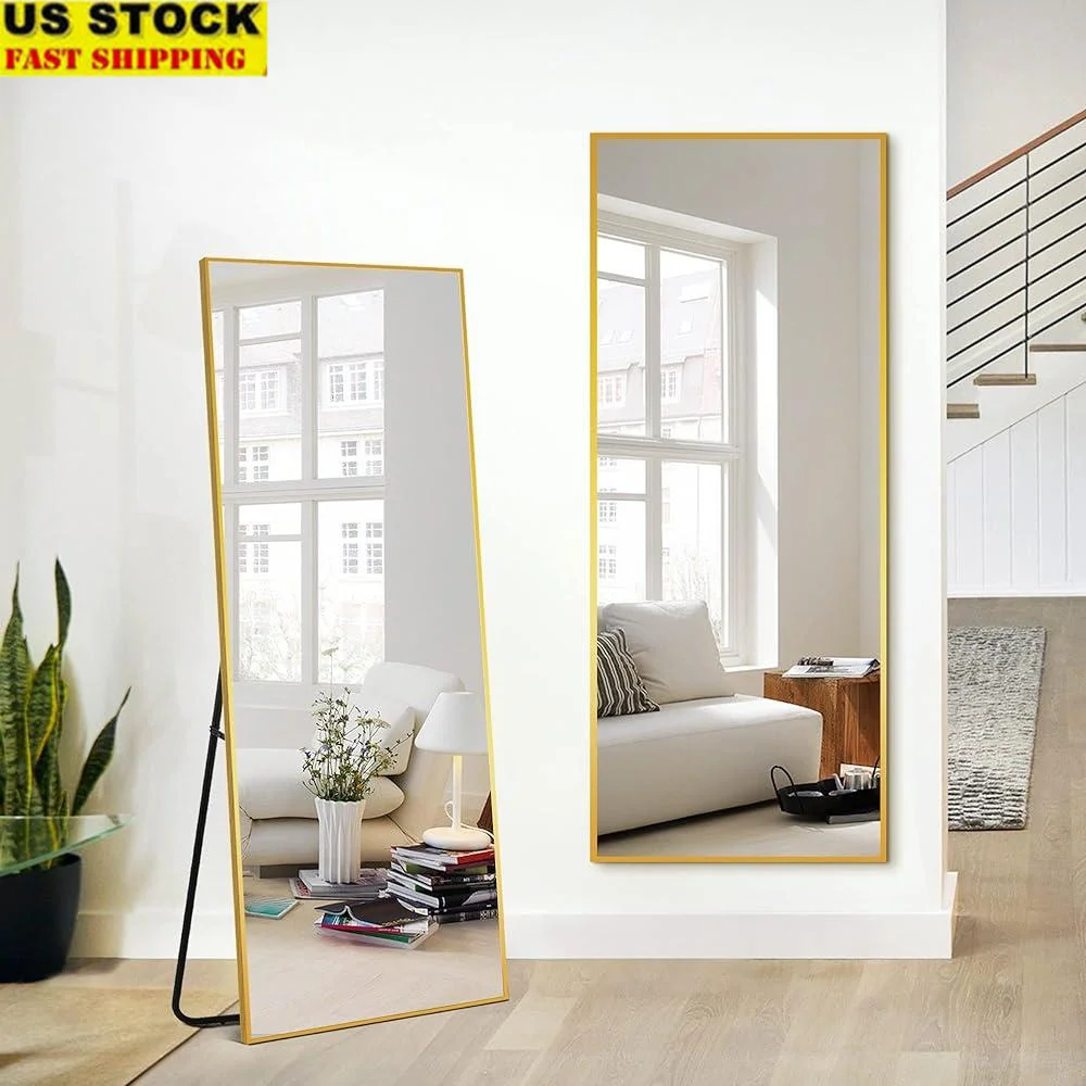 Full Length Mirror with Gold Aluminum Frame Standing Wall Mounted Rectangular Copper-Free Silver Glass Explosion-Proof Safety