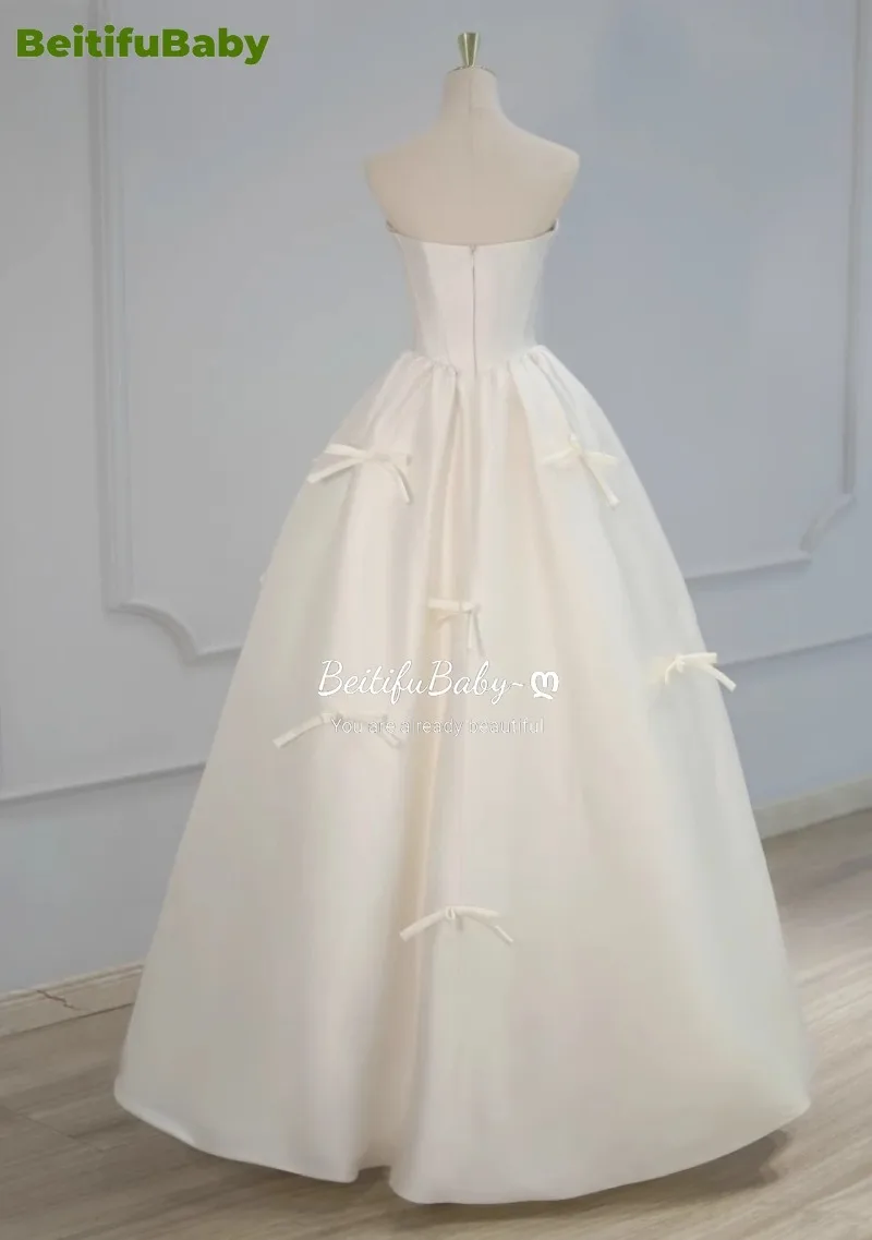 BeitifuBaby Satin Wedding Dress for Women Elegant Ladies Strapless Bow Ball Gown Sleeveless French Style Bride's Dresses Vestido