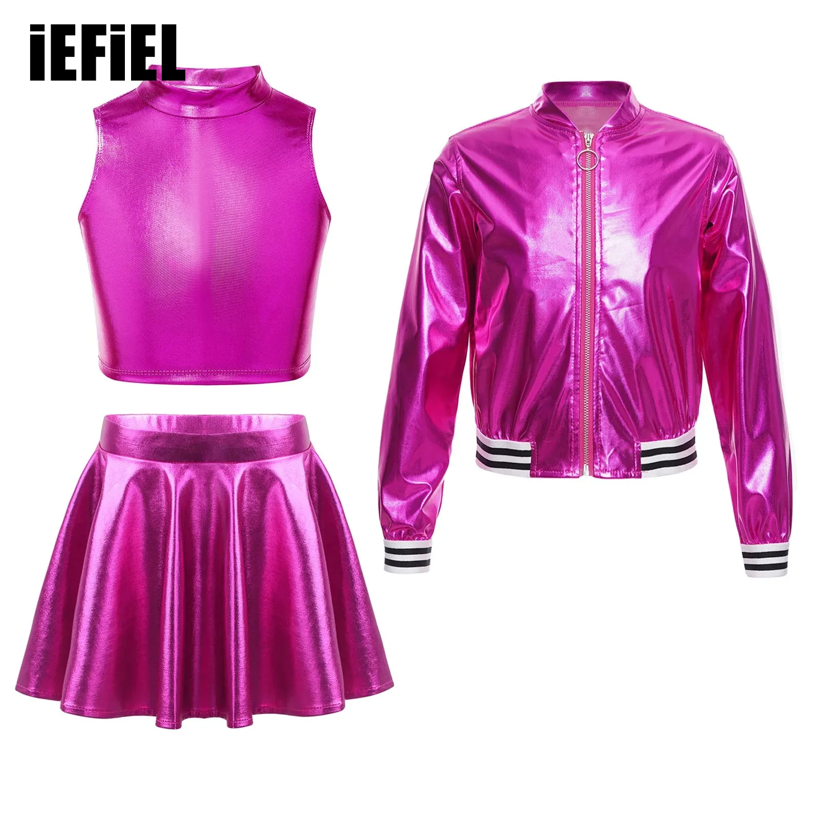 

Kids Girls Workout Sets Metallic Crop Top with Skirt And Long Sleeve Stand Collar Zipper Jacket for Dance Stage Performance