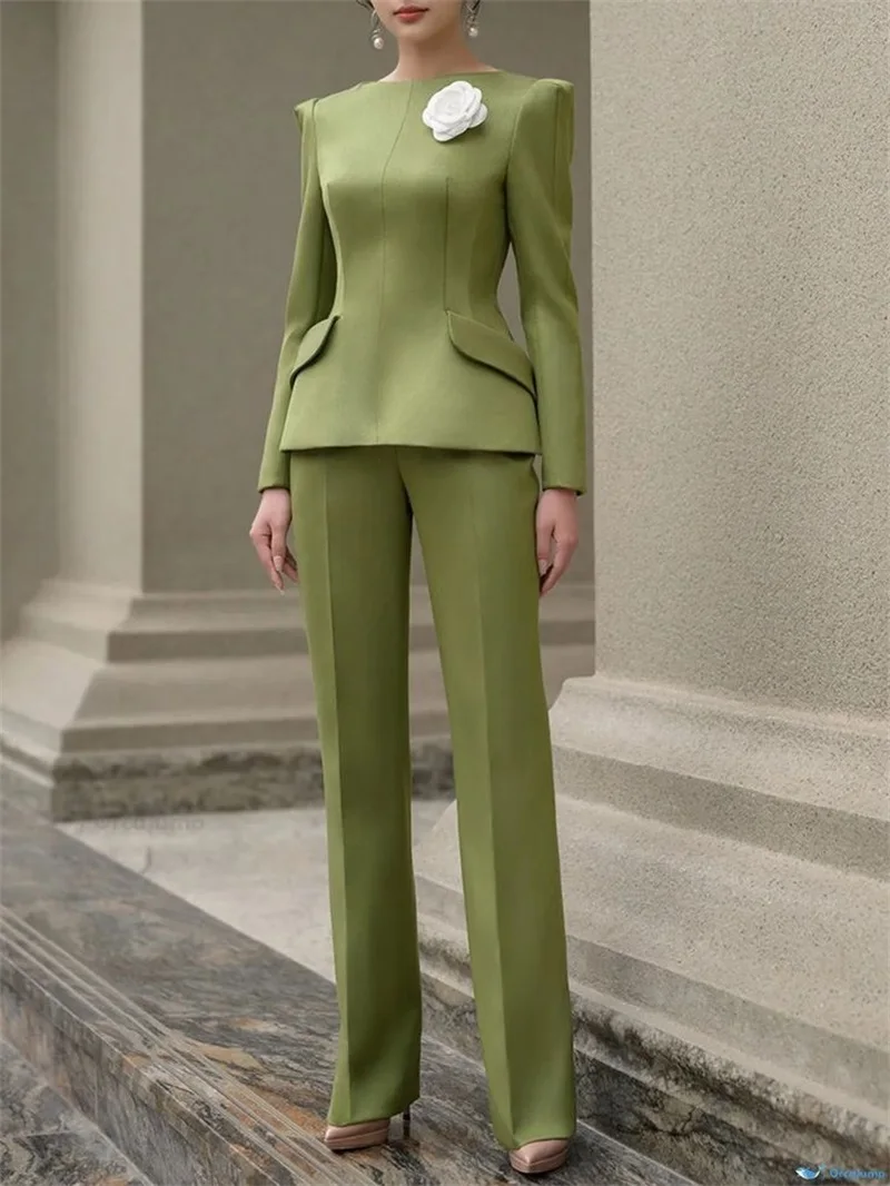 

Green Women Suit Pants Set 2 Pcs Blazer+Trousers White 3D Flower Formal Office Lady Jacket Customized Wedding Tuxedo Prom Coat