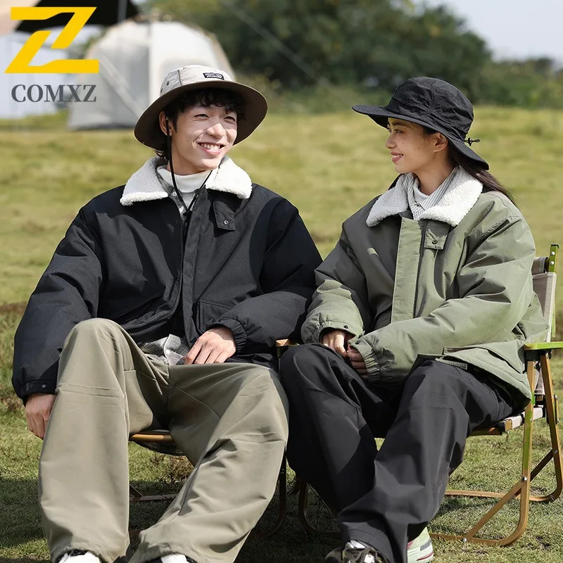 COMXZ 2025 الرجال النساء زوجين بلون الوقوف طوق شيربا اصطف ملابس العمل سترة الشتاء غير رسمية العصرية معطف خفيف الوزن #2
