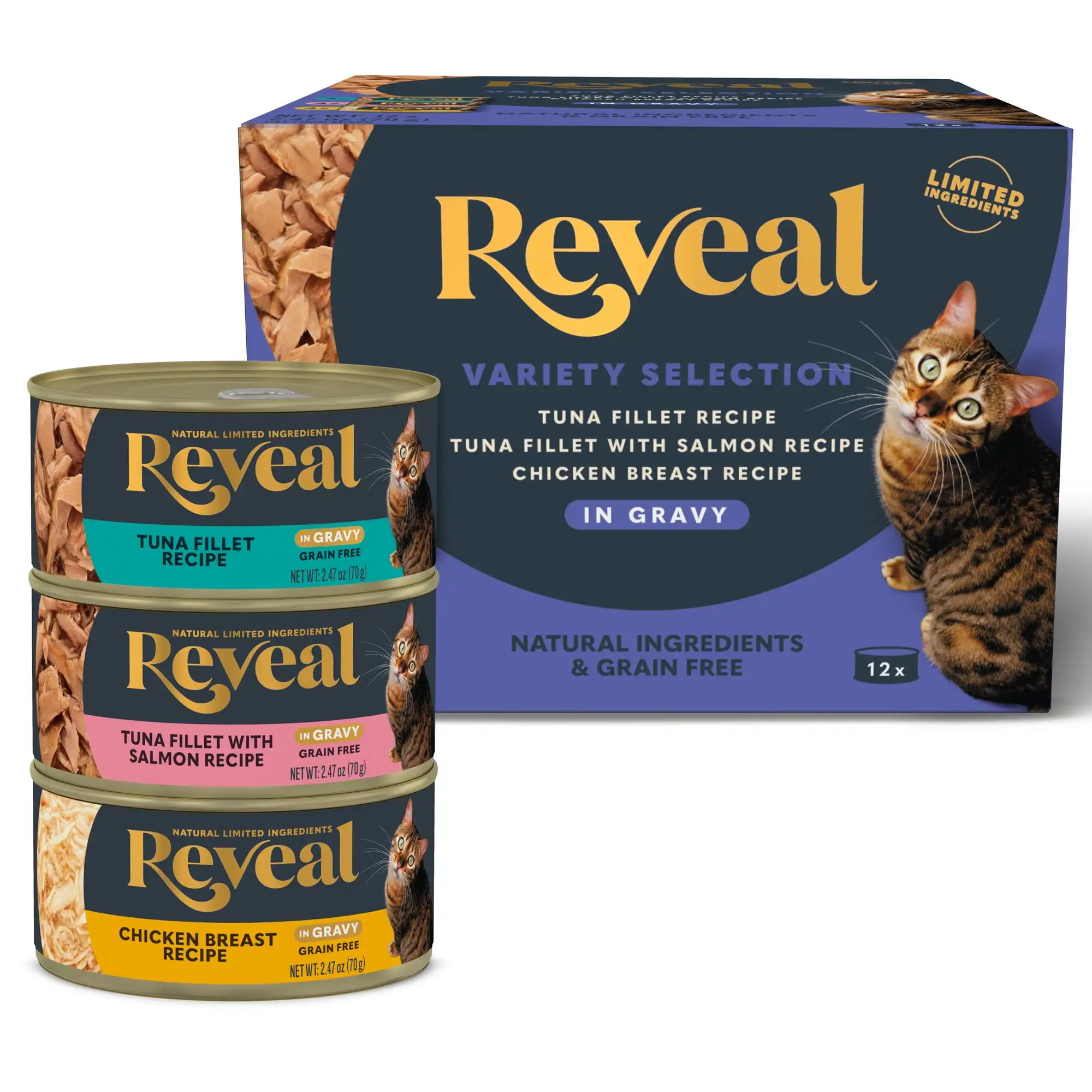Reveal Comida natural húmeda para gatos, paquete variado de pescado y pollo con salsa, latas de 12 x 2,47 oz