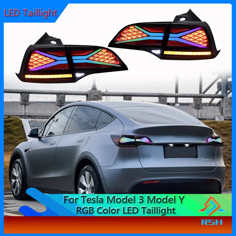 

Сборка задних фонарей для Tesla Model 3 Y, модифицированный RGB стиль, фантазийные светодиодные ходовые огни, водяные поворотники, аксессуары Plug And Play