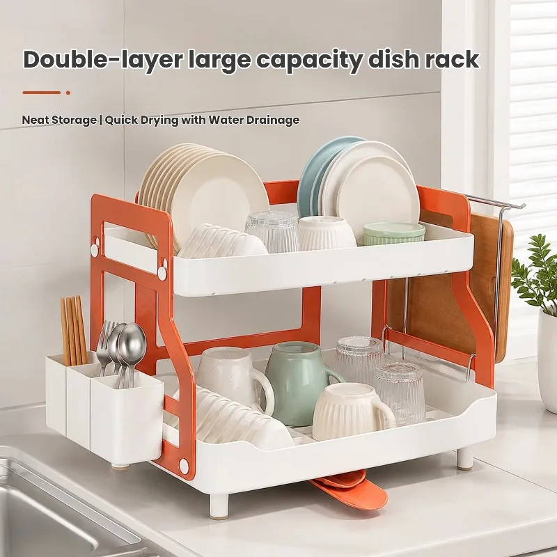Double Layer Plastic Dish Rack PS ABS Kitchen Storage Organizer Bowl Plate Drying Rack Drainer Tableware Holder Countertop Rack