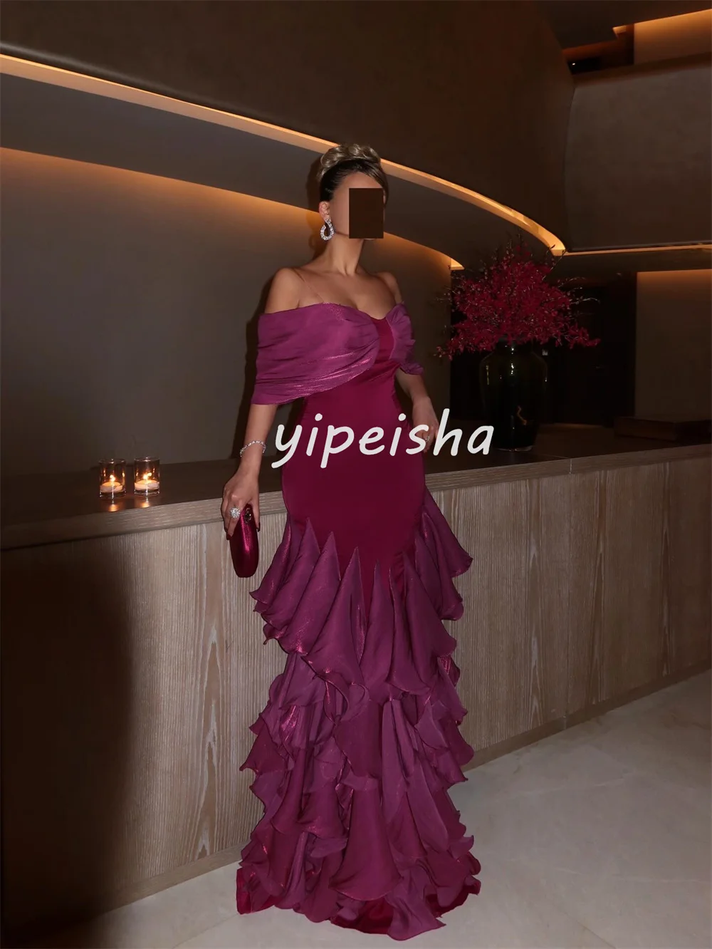 Customized Intricate Matching Jersey Pleat Ruched Tulle A-line Off-the-shoulder Long Dresses Evening Dresses Exquisite Fashion