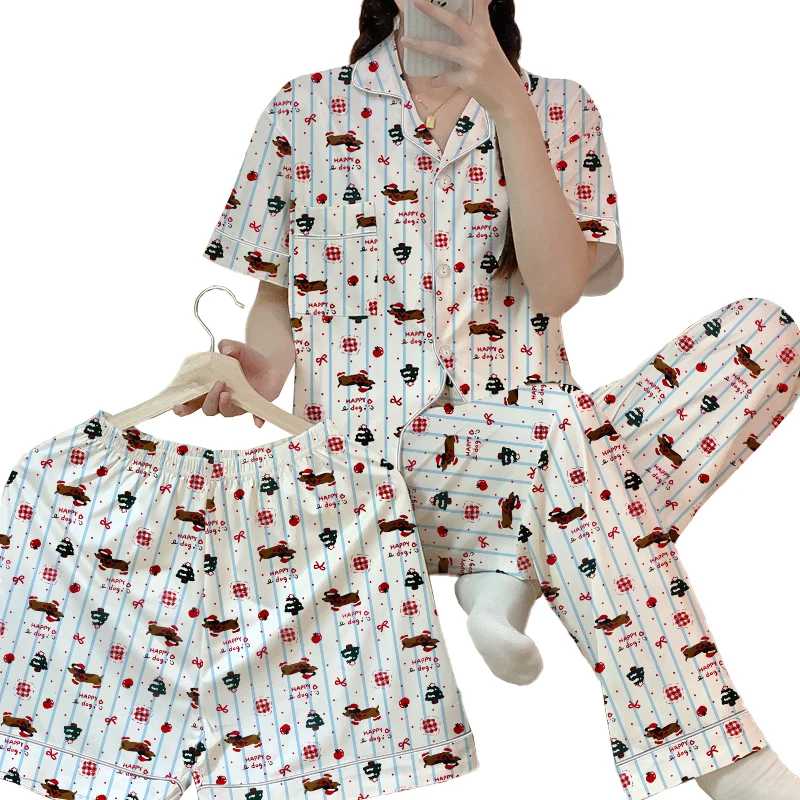 Женские пижамы в полоску с рисунком собаки и буквенным принтом, новые летние кавайные короткие крутые комплекты, комплект из трех предметов, корейская милая милая домашняя одежда