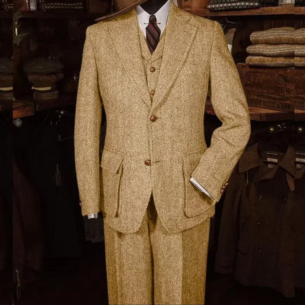 

Men's Herringbone Suits Winter 3 Pieces Jacket Pants Vest Single Breasted Two Pockets Slim Fit Customized Custom Male Clothing